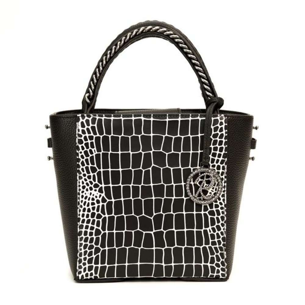 Raviani Black/White Croc-Embossed Leather Handbag